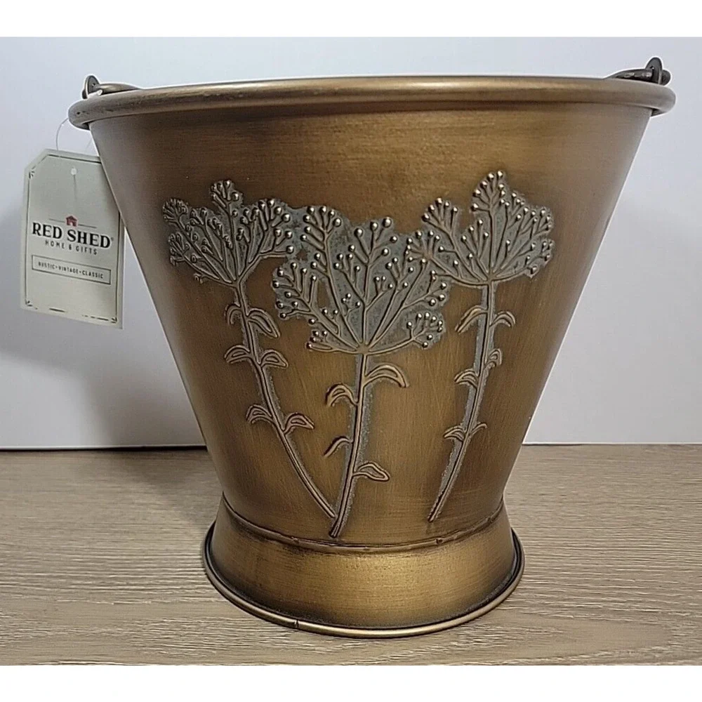 Red Shed Metal Brass Color Pail with Embossed‎ Floral Design Decorative Storage